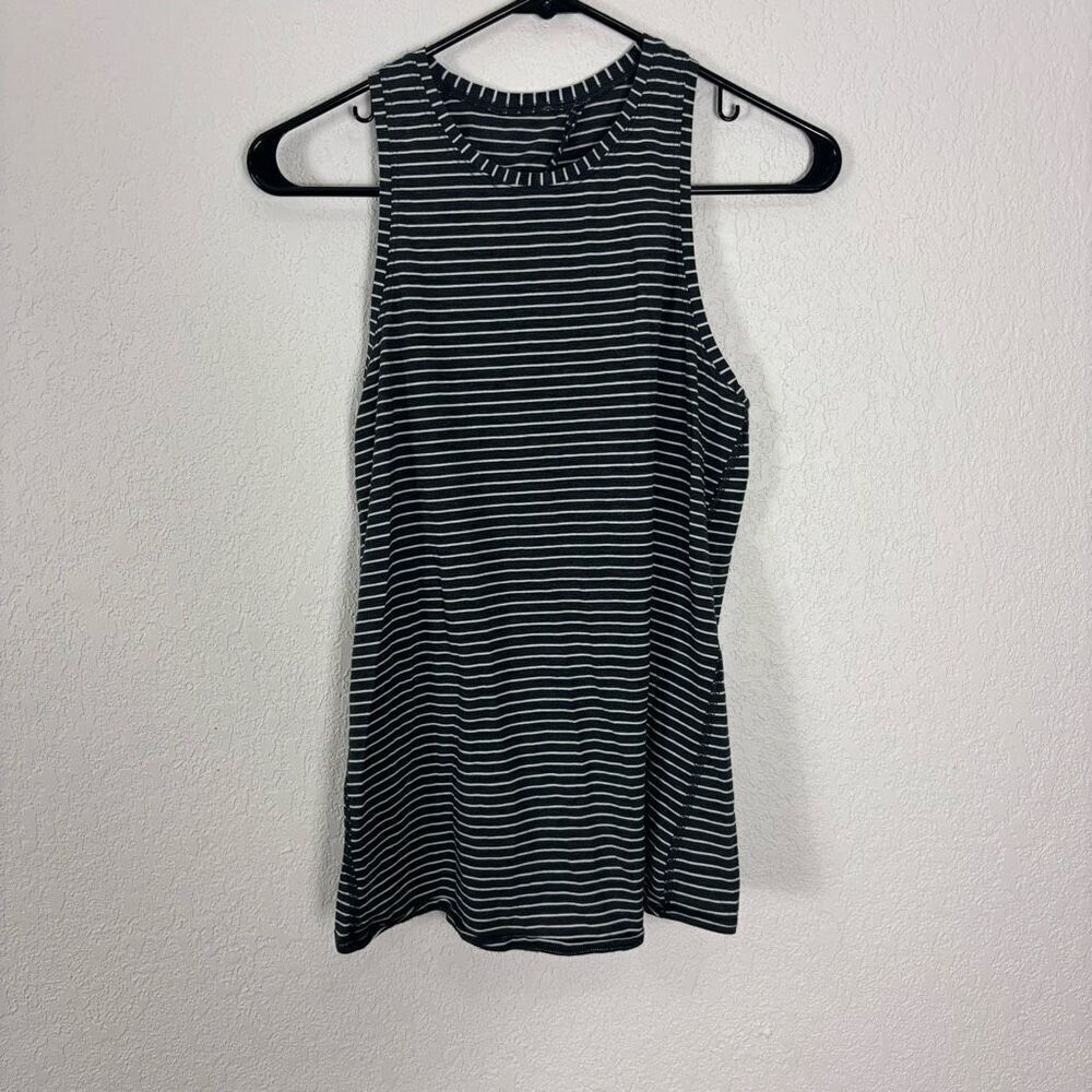 Lululemon‎ Grey with White Striped Slit Open Back High Neckline Tank Top